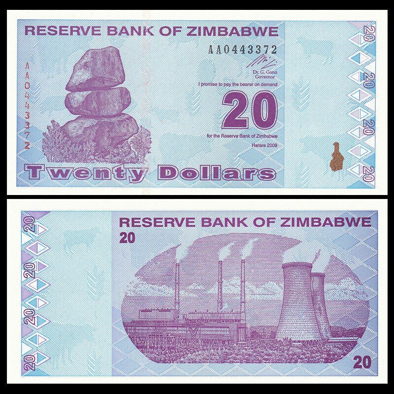 ZIMBABWE 20 DOLARES 2009 MONOLITO y FÁBRICA Pick 95 BILLETE SC Africa