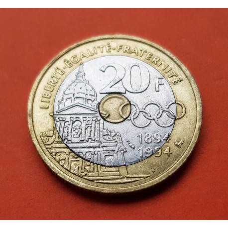 FRANCIA 20 FRANCOS 1994 CENTENARIO DEL COI PIERRE DE COUBERTIN KM.1036 MONEDA TRIMETALICA MBC++ France 20 Francs R/2