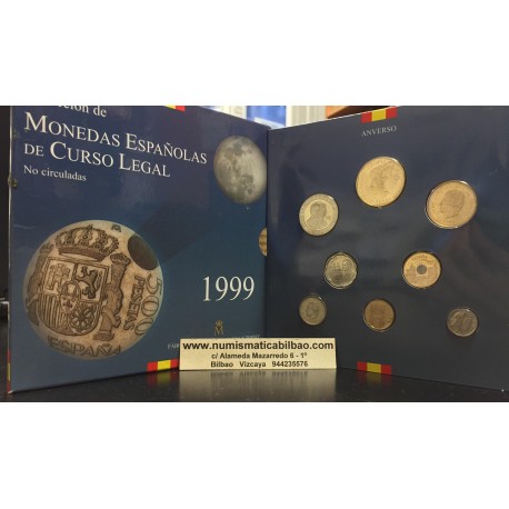 ESPAÑA 1999 CARTERA FNMT SERIE 1+5+10+25+50+100+200+500 PESETAS 1999 MONEDAS SIN CIRCULAR JUAN CARLOS I