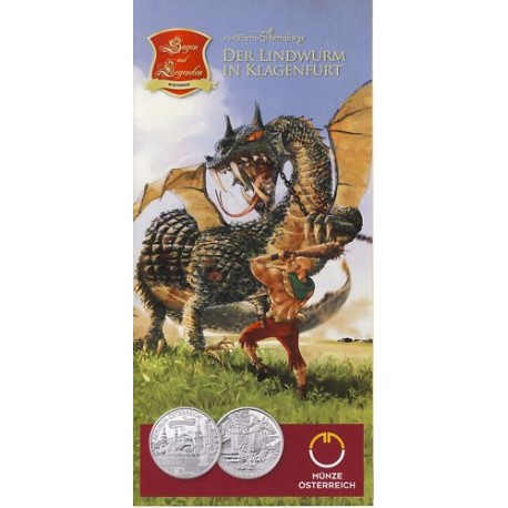 AUSTRIA 10 EUROS 2011 CUENTOS Y LEYENDAS KLAGENFURT DRAGON Y EDIFICIOSBLISTER OFICIAL PLATA SC SILVER