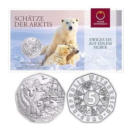 .AUSTRIA 5 EUROS 2014 AVENTURA ARTICA OSO POLAR y OSEZNO MONEDA DE PLATA SC @COINCARD - TIRADA LIMITADA@