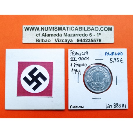 FRANCIA 1 FRANCO 1941 tipo MORLON KM.885.A1 MONEDA DE ALUMINIO MBC+ PRE-OCUPACION NAZI III REICH NAZI WWII France