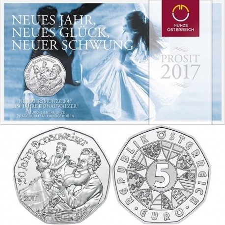 AUSTRIA 5 EUROS 2017 VALS EL DANUBIO AZUL 150 ANIVERSARIO MONEDA DE PLATA OSTERREICH COIN BLISTER SC