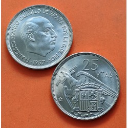 ESPAÑA 25 PESETAS 1957 * 66 ESTADO ESPAÑOL FRANCISCO FRANCO @SI PLUS ULTRA@ KM.787 MONEDA DE NICKEL SIN CIRCULAR SC