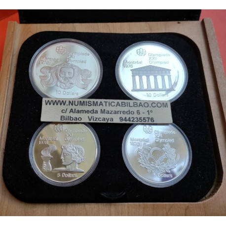 @4,32 ONZAS PLATA PURA@ 4 monedas x CANADA 5 DOLARES 1974 + 10 DOLARES 1974 OLIMPIADA DE MONTREAL 1976 PROOF Estuche