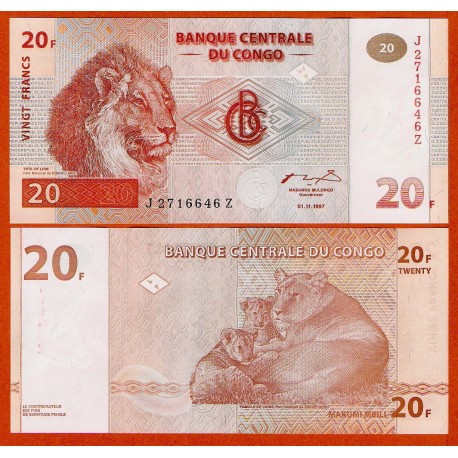 CONGO 20 FRANCOS 1997 LEONES Pick 88AA BILLETE SC Africa UNC BANKNOTE