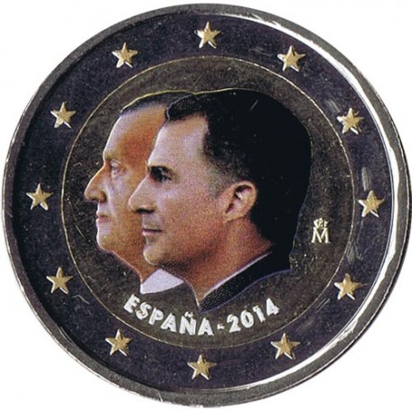 @MONEDA EN COLORES@ ESPAÑA 2 EUROS 2014 CORONACION DEL REY FELIPE VI y JUAN CARLOS I SIN CIRCULAR CAPSULA