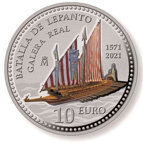 . @COLORES@ ESPAÑA 10 EUROS 2021 GALERA REAL BATALLA DE LEPANTO 450 Aniversario MONEDA DE PLATA ESTUCHE FNMT