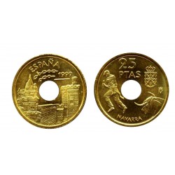 ESPAÑA 25 PESETAS 1999 NAVARRA, SAN FERMINES y CASTILLO DE OLITE MONEDA DE LATON SC