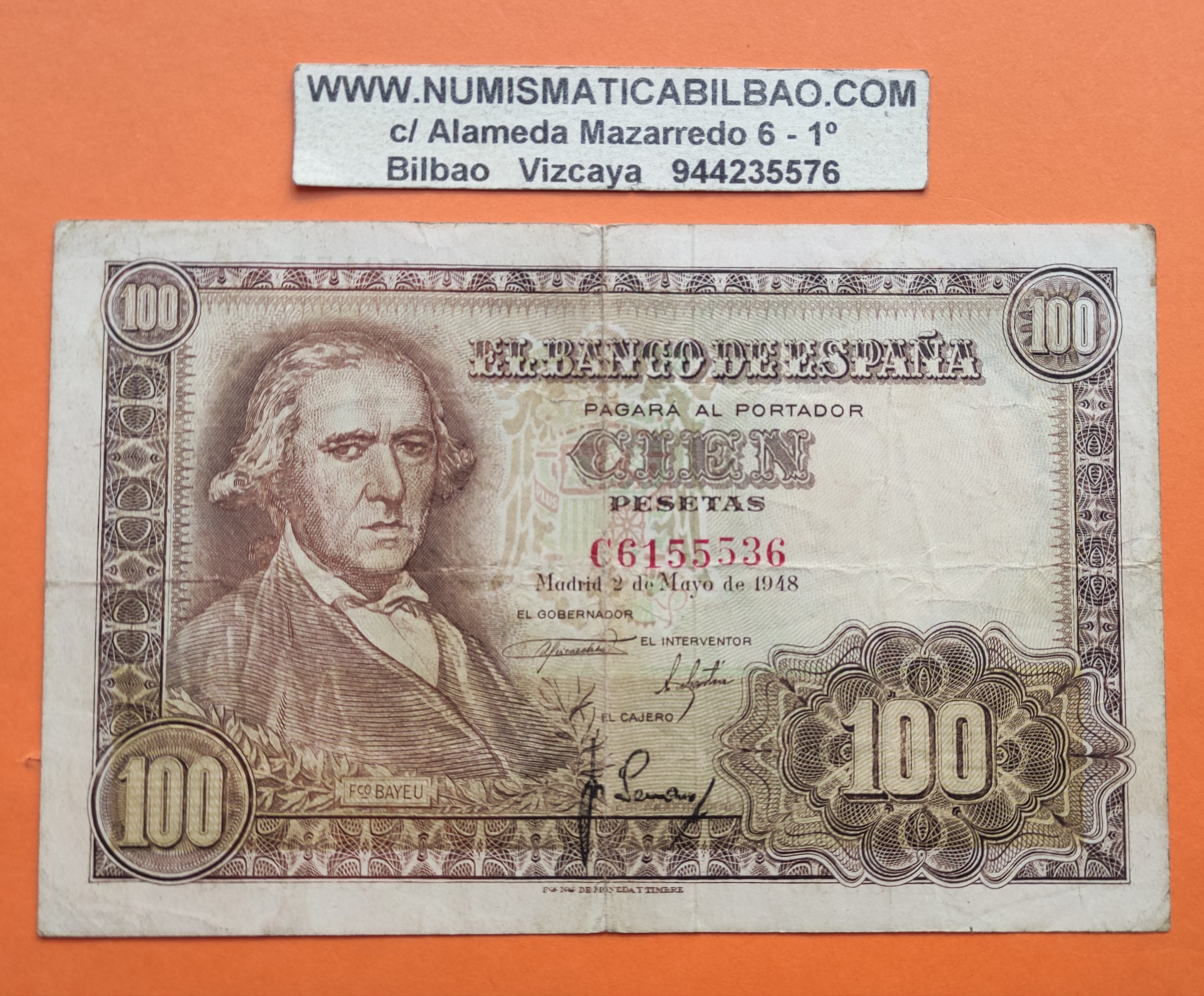 ESPAÑA 100 PESETAS 1948 FRANCISCO BAYEU Serie C 6155536 Pick 137 BILLETE  MBC Spain banknote