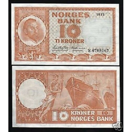 @ARRUGA HORIZONTAL@ NORUEGA 10 KRONER 1972 CRISTIAN MICHELSEN BARCO Pick 31F BILLETE SC Norway UNC BANKNOTE