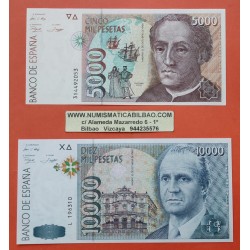 2 billetes NUEVOS x ESPAÑA 5000 PESETAS 1992 CRISTOBAL COLON + 10000 PESETAS 1992 JUAN CARLOS I Pick 166 LUJO SC Spain banknote