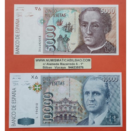 2 billetes NUEVOS x ESPAÑA 5000 PESETAS 1992 CRISTOBAL COLON + 10000 PESETAS 1992 JUAN CARLOS I Pick 166 LUJO SC Spain banknote