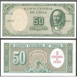 CHILE 5 CENTESIMOS DE ESCUDO 1960 sobre impreso en 50 PESOS 1960 ANIBAL PINTO Pick 126.B.1 Firma 3 BILLETE SC UNC BANKNOTE