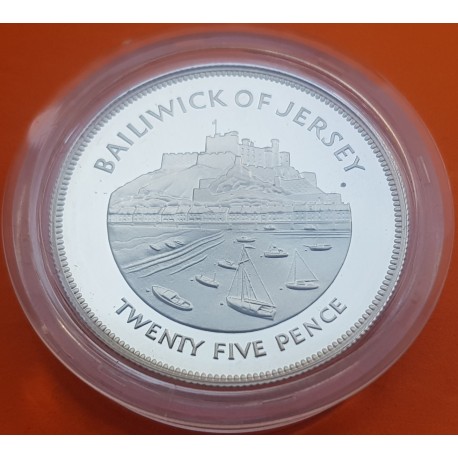 JERSEY 25 PENIQUES 1977 JUBILEO DE ISABEL II KM.44A MONEDA DE PLATA PROOF 25 Pence Silver Jubilee CAPSULA