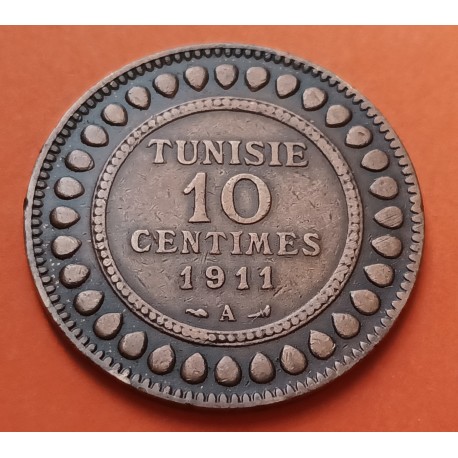 TUNEZ 10 CENTIMOS 1911 A MUHAMMAD AL-NASIR BEY Francais Protectorat KM.236 MONEDA DE BRONCE EBC- Tunisia Tunisie