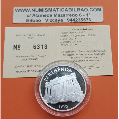 @CÁPSULA + CERTIFICADO@ FRANCIA 100 FRANCOS 1995 PARTHENON KM.1114 MONEDA DE PLATA PROOF France 15 Ecus