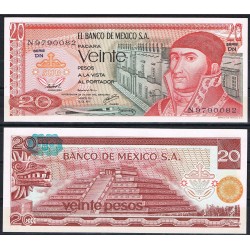 MEXICO 20 PESOS 1977 PIRAMIDE AZTECA y JOSE MORELOS Sello AZUL Serie DL Pick 64 BILLETE SC Mejico UNC BANKNOTE