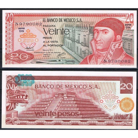 MEXICO 20 PESOS 1977 PIRAMIDE AZTECA y JOSE MORELOS Sello AZUL Serie DL Pick 64 BILLETE SC Mejico UNC BANKNOTE