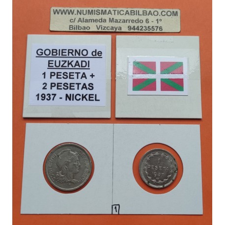 GOBIERNO DE EUZKADI 1 PESETA 1937 + 2 PESETAS 1937 DAMA MONEDAS DE NICKEL GUERRA CIVIL EUSKADI BILBAO Ref.1