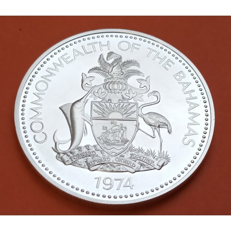 BAHAMAS 5 DOLARES 1974 BANDERA y ESCUDO KM.43 MONEDA DE PLATA SC 1,25 ONZAS Oz Ounce $5 silver 45mm