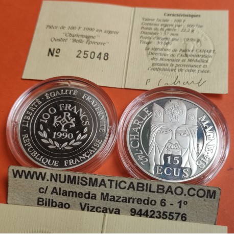 1 moneda x FRANCIA 100 FRANCOS 1990 CARLOMAGNO KM.989 PLATA PROOF + CERTIFICADO France 15 Ecus 1990