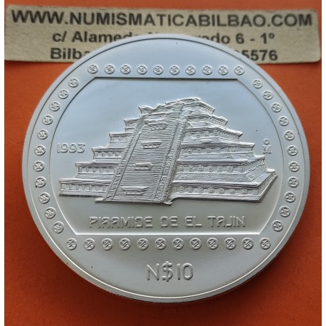 . @RARA@ MEXICO 10 NUEVOS PESOS 1993 PIRAMIDE EL TAJIN KM.570 MONEDA DE PLATA PURA Mejico silver 5 ONZAS OZ