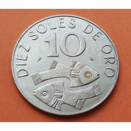 PERU 10 SOLES DE ORO 1969 PECES AZTECAS y ESCUDO KM.253 MONEDA DE NICKEL EBC