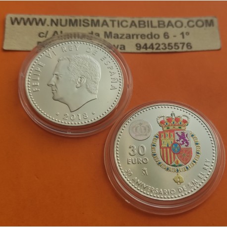 1 moneda NO BOLSA x ESPAÑA 30 EUROS 2018 ESCUDO DEL REY FELIPE VI A COLORES 50 ANIVERSARIO PLATA SC SI CÁPSULA