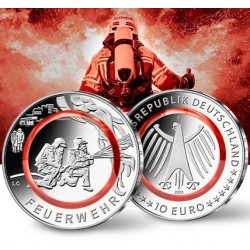 . @PLASTICO 1 Moneda@ ALEMANIA 10 EUROS 2023 LOS BOMBEROS @LETRA AL AZAR@ BIMETALICA NICKEL y PLASTICO ROJO SC Feuerwehr