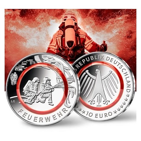 . @PLASTICO 1 Moneda@ ALEMANIA 10 EUROS 2023 LOS BOMBEROS @LETRA AL AZAR@ BIMETALICA NICKEL y PLASTICO ROJO SC Feuerwehr