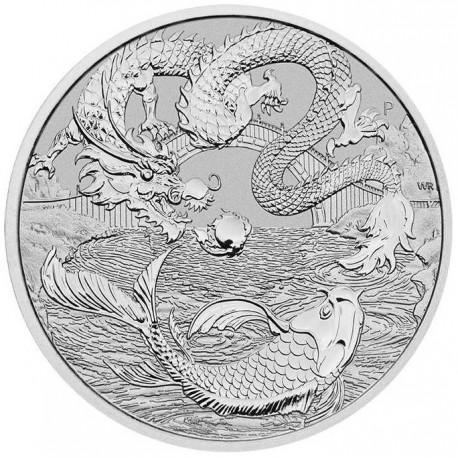 . 1 acoin AUSTRALIA 1 DOLAR 2023 DRAGON y KOI 3ª MONEDA DE PLATA cápsula ONZA Serie MITOS y LEYENDAS en CHINA