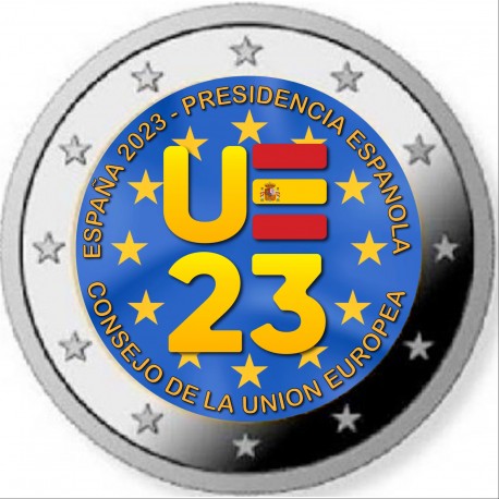 . 1 acoin ESPAÑA 2 EUROS 2023 @COLOR Nº 1@ PRESIDENCIA DE LA UNIÓN EUROPEA SC MONEDA CONMEMORATIVA cápsula