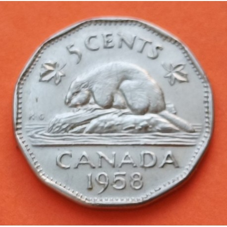 CANADA 5 CENTAVOS 1958 ISABEL II y CASTOR KM.50A MONEDA DE NICKEL EBC- @FORMA DE 12 LADOS@