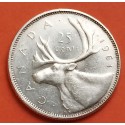 CANADA 25 CENTAVOS 1961 REINA ISABEL II y ALCE KARIBOU KM.62 MONEDA DE PLATA EBC- silver coin