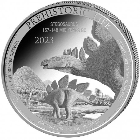 . 1 acoin CONGO 20 FRANCOS 2023 STEGOSAURUS DINOSAURIO Prehistoric Life 12ª MONEDA DE PLATA cápsula ONZA OZ