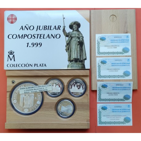 ESPAÑA AÑO JUBILAR COMPOSTELANO 3 monedas de 2000 PESETAS 1999 + 10000 PESETAS 1999 XACOBEO PLATA PROOF ESTUCHE FNMT