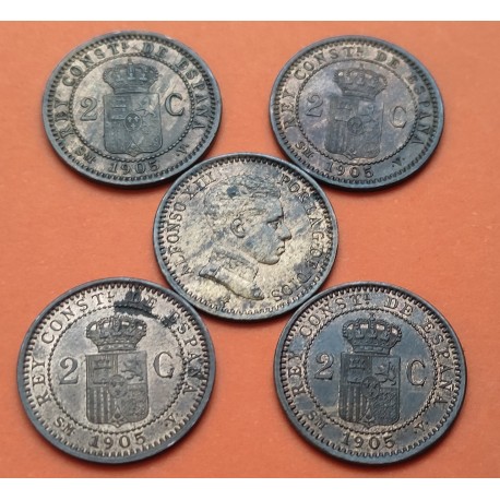 . 1 moneda EBC + BRILLOS x ESPAÑA Rey ALFONSO XIII 2 CENTIMOS 1905 * 05 SMV REY y ESCUDO KM.722 COBRE Spain R/4