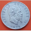 ITALIA 5 LIRAS 1874 M REY VITTORIO EMANUELE II KM.8.3 MONEDA DE PLATA MUY CIRCULADA Italy 5 Lire silver coin R/2