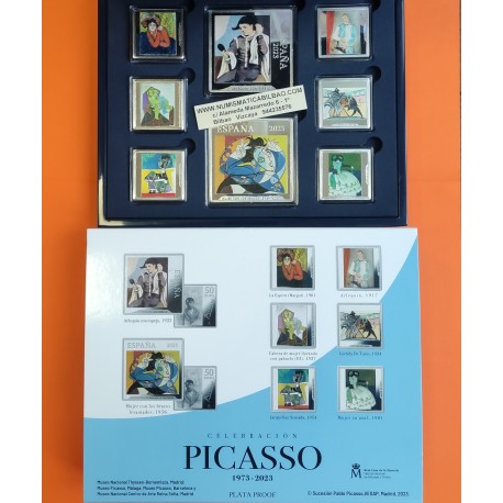 . 8 Monedas PABLO PICASSO x ESPAÑA 10 EUROS 2023 (x6) + 50 EUROS 2023 (x2) PLATA PROOF ESTUCHE FNMT LINGOTES