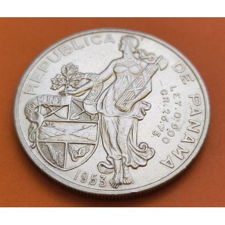 @RARA@ PANAMA 1 BALBOA 1953 Edic. CINCUENTENARIO KM.21 MONEDA DE PLATA MBC++ silver coin DISEÑO UNICO