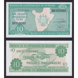 BURUNDI 10 FRANCOS 2003 FILIGRANA y ESCUDO Pick 33D BILLETE SC Africa UNC BANKNOTE 10 Francs Amafranga