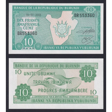 BURUNDI 10 FRANCOS 2003 FILIGRANA y ESCUDO Pick 33D BILLETE SC Africa UNC BANKNOTE 10 Francs Amafranga