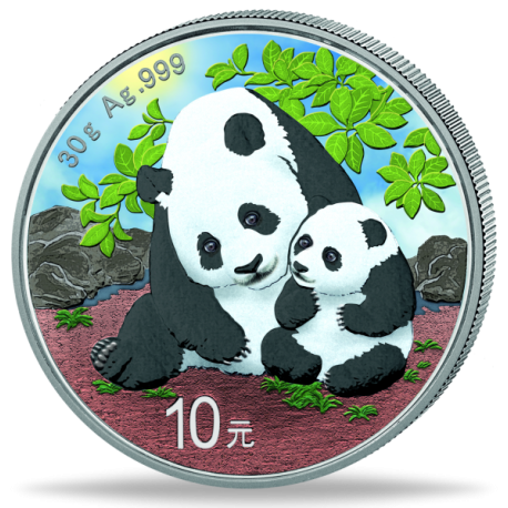 . @1 ONZA 2024 + COLORES@ CHINA 10 YUAN 2024 OSO PANDA y SU CRIA MONEDA DE PLATA PROOFLIKE cápsula FARBE COLOURED