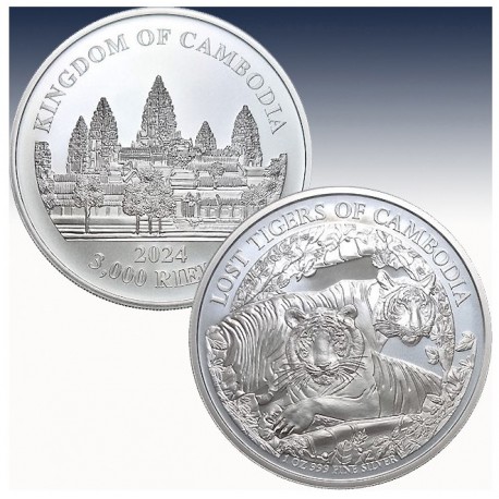 . 1 aacoin CAMBOYA 3000 RIELS 2024 TIGRES 3ª MONEDA DE PLATA ONZA Oz cápsula LOST TIGERS OF CAMBODIA