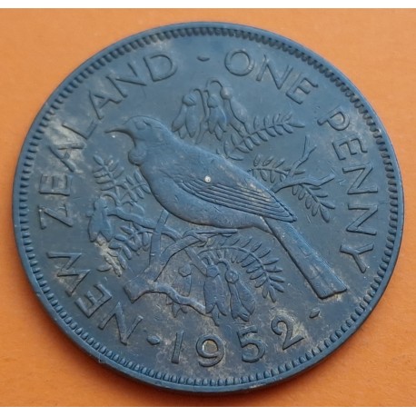 NUEVA ZELANDA 1 PENIQUE 1952 REY JORGE VI y PAJARO KM.13 MONEDA DE BRONCE MBC+ 1 Penny New Zealand