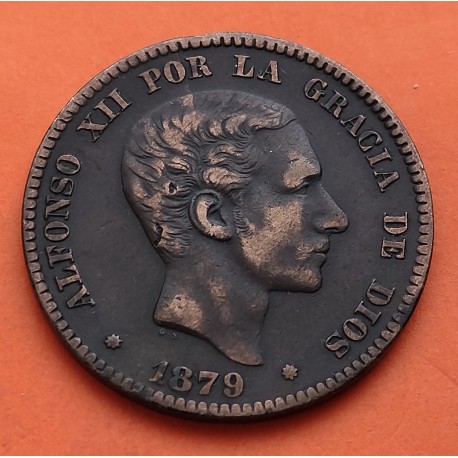 ESPAÑA Rey ALFONSO XII 10 CENTIMOS 1879 OM BUSTO y ESCUDO KM.675 MONEDA DE BRONCE Spain copper coin R/2