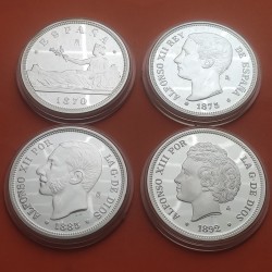 5,20 ONZAS x MEDALLA FNMT HISTORIA DE LA PESETA ESPAÑA 5 PESETAS 1870 + 1875 + 1885 + 1892 ALFONSO XII PLATA si cápsulas