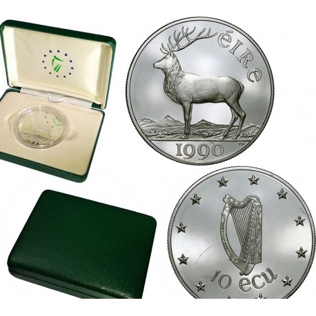 IRLANDA 10 ECU 1990 VENADO y ARPA KM.X.2 MONEDA DE PLATA PROOF Ireland Eire PRE-EURO silver coin