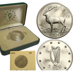 IRLANDA 5 ECU 1990 VENADO y ARPA KM.X.1 MONEDA DE PLATA PROOF Ireland Eire PRE-EURO silver coin